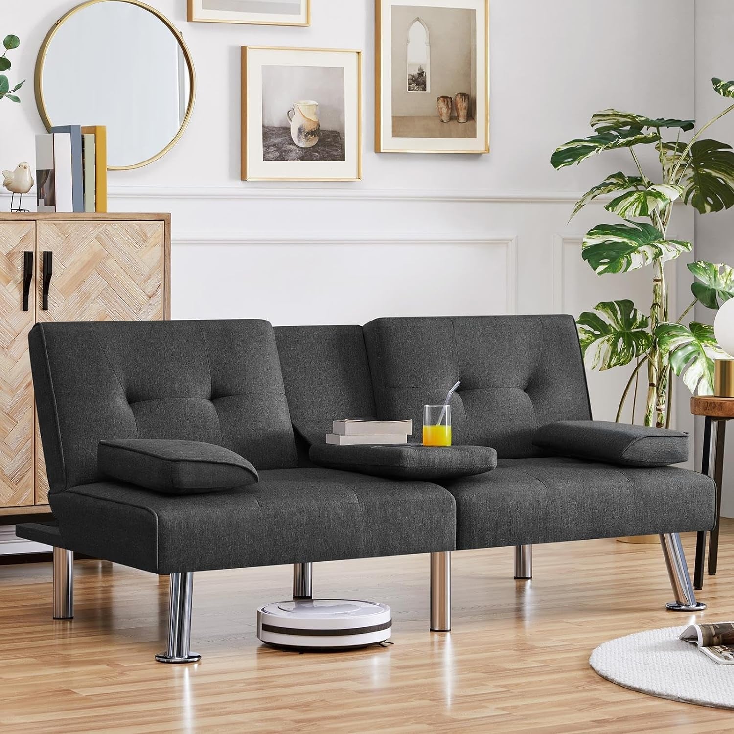 Convertible Sofa Bed Adjustable Fabric Couch Sleeper Modern Recliner Reversible Loveseat Folding Daybed Guest Bed, Removable Armrests, Cup Holders, 3 Angles, 772Lb Capacity, Dark Gray-0