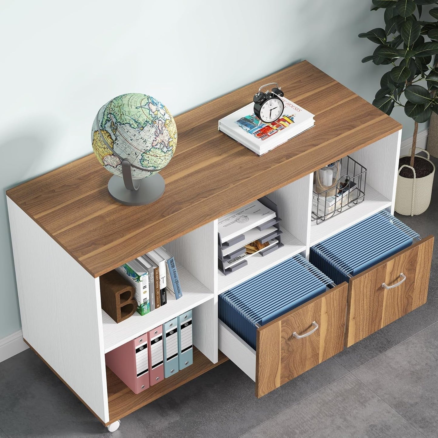 63" L Desk with File Cabinet Walnut White-4