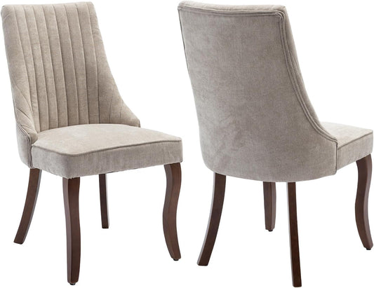 Beige Dining Chairs Set of 2，Comfortable Fabric Channel Tufted Upholstered Dining Room Chairs, Modern Kitchen Chairs for Dining Room with Curved Solid Wood Legs(Beige)-0