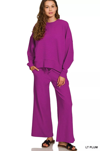 Zenana Ribbed Round Neck Pullover and Drawstring Pants Set