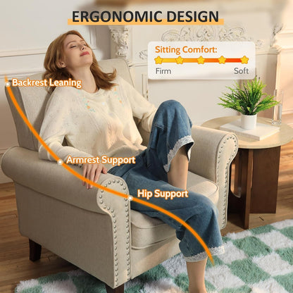 Beige Mid Century Modern Accent Chair With Nailhead Trim-4