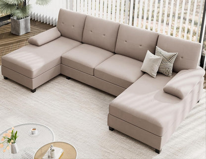 Sectional Sofa Couches for Living Room, U Shaped Sofa Living Room Furniture Sets, 4 Seat U Shaped Sofa Sectional Couch with Chaise, Dark Beige-0