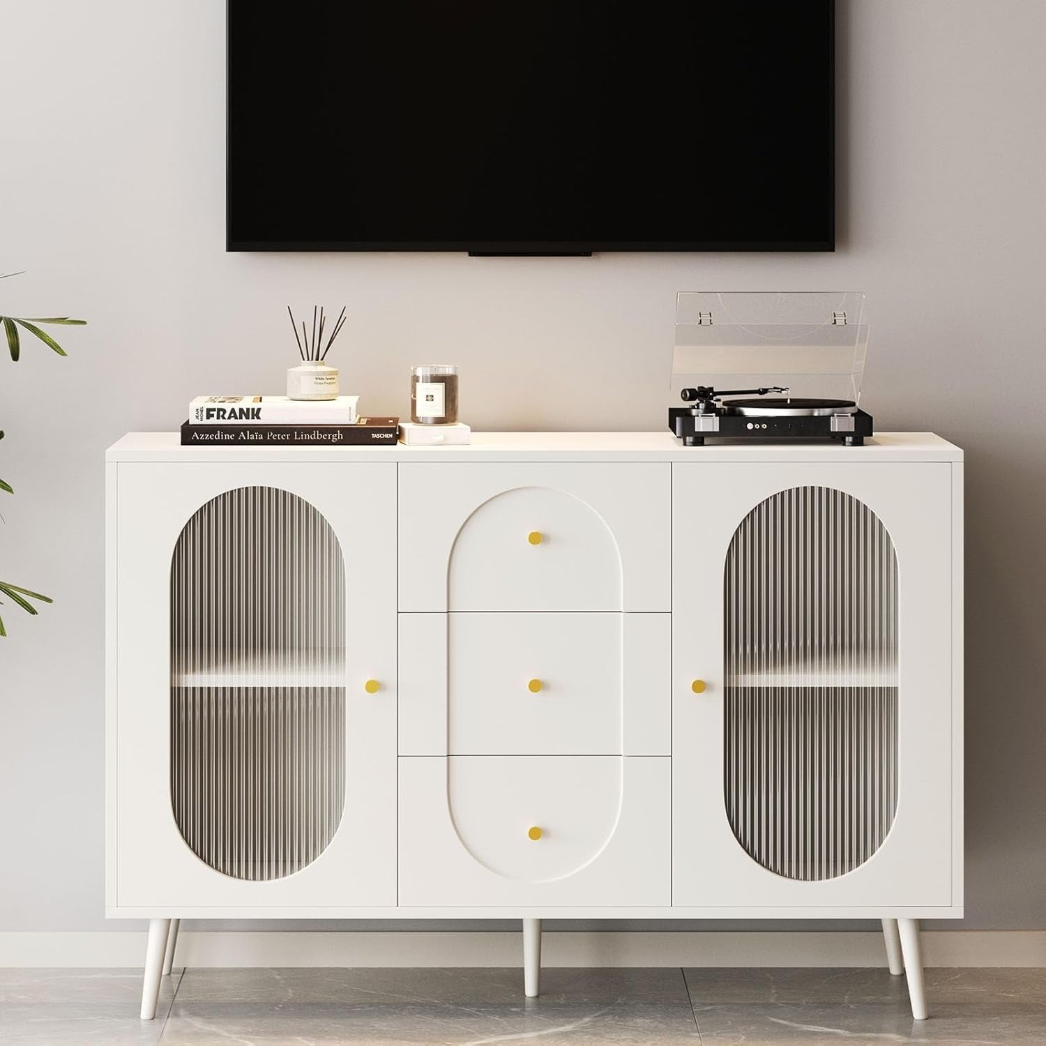 Midcentury White Fluted Glass Buffet Sideboard Cabinet-3