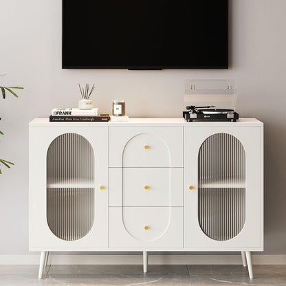 Midcentury White Fluted Glass Buffet Sideboard Cabinet-3