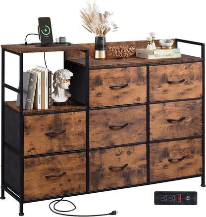 Dresser TV Stand for Bedroom with Charging Station, Wide Storage Chest of Drawers with 8 Large Fabric Drawers and Open Shelves, Storage Organizer Unit for Closet, Living Room, Rustic Brown-0