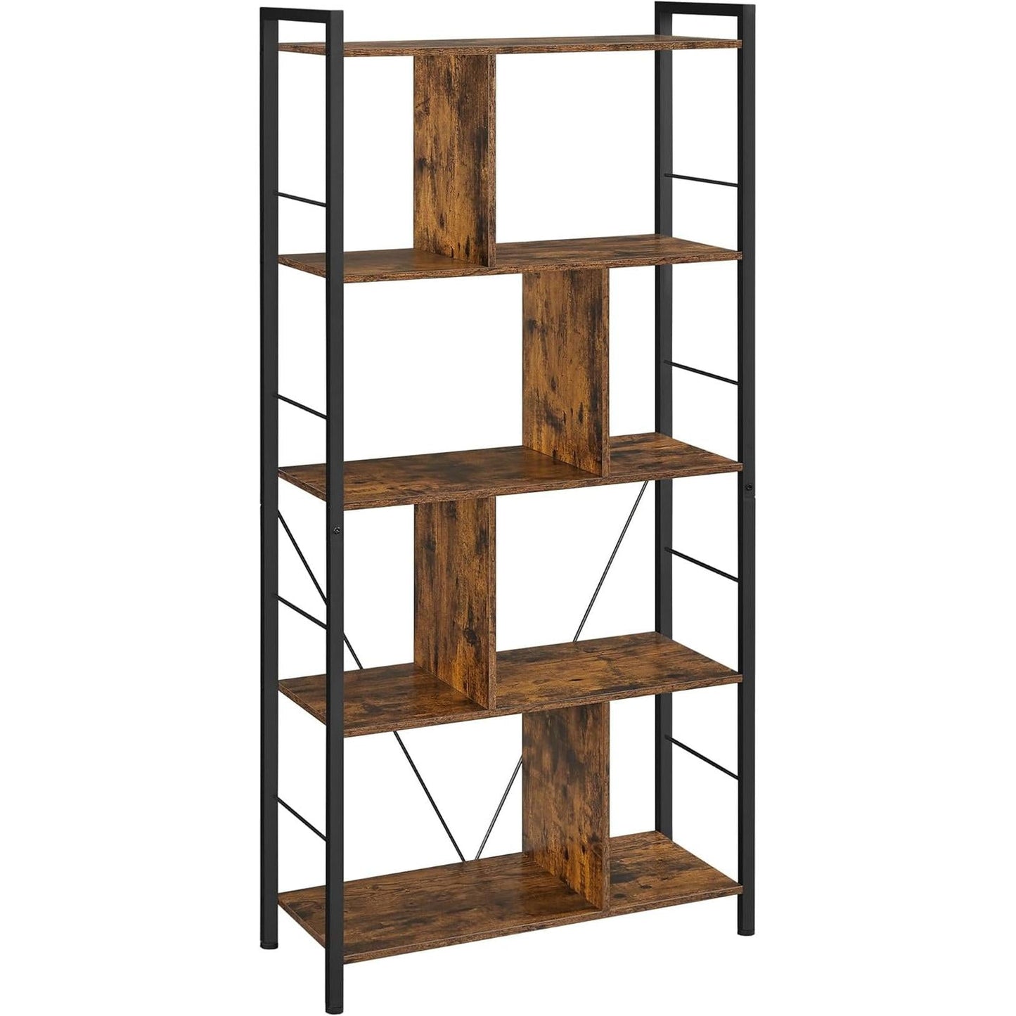 Bookshelf, 5-Tier Bookcase, Storage Shelving Unit, Display Shelf with Open Compartments for Living Room, Home Office, Bedroom, Industrial, Rustic Brown and Black ULBC121B01-0