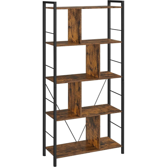 Bookshelf, 5-Tier Bookcase, Storage Shelving Unit, Display Shelf with Open Compartments for Living Room, Home Office, Bedroom, Industrial, Rustic Brown and Black ULBC121B01-0
