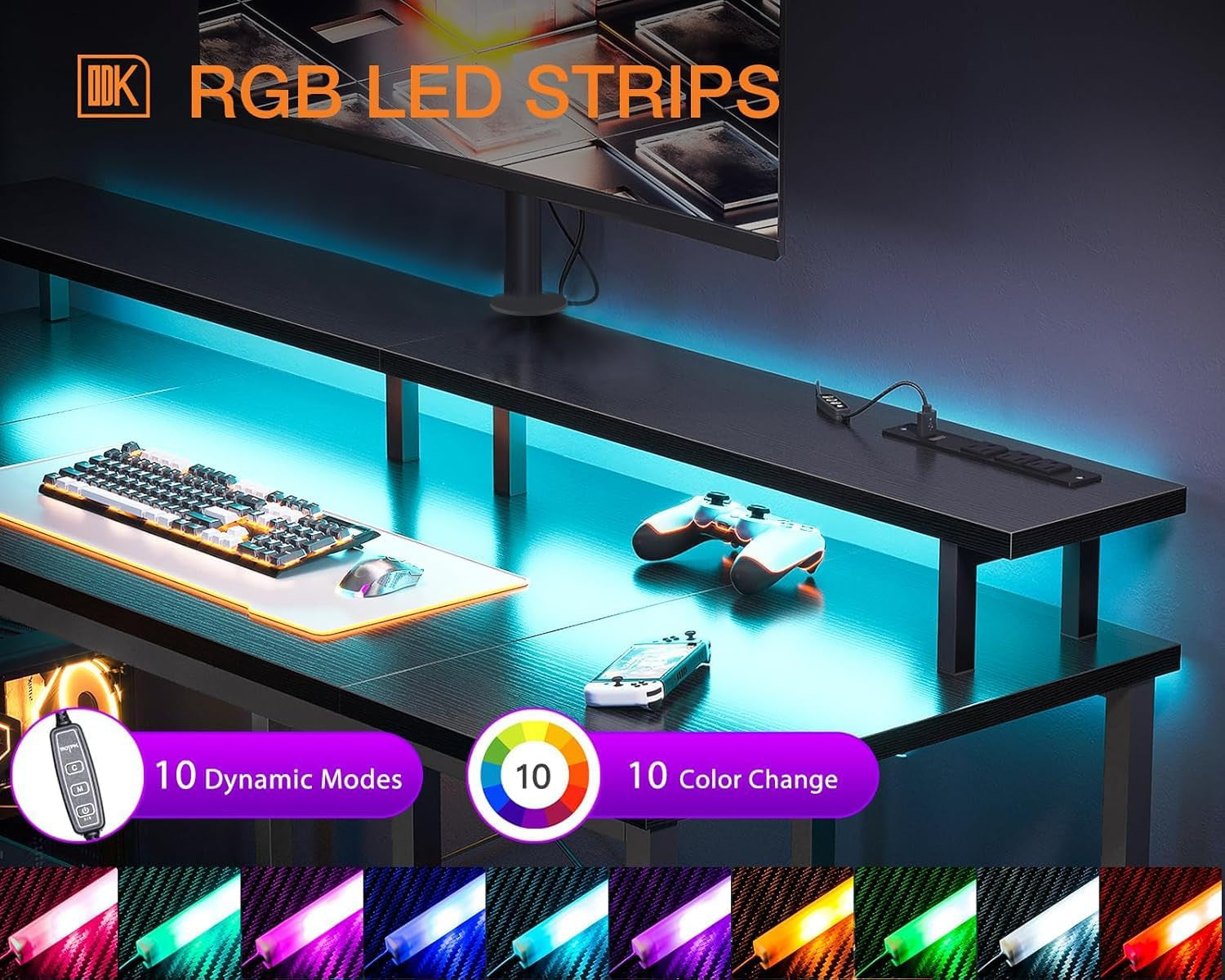 48 Inch Gaming Desk with LED Lights & Power Outlets, Computer Desk with Monitor Stand & Storage Sheves, CPU Stand, Home Office Desk, Black-3