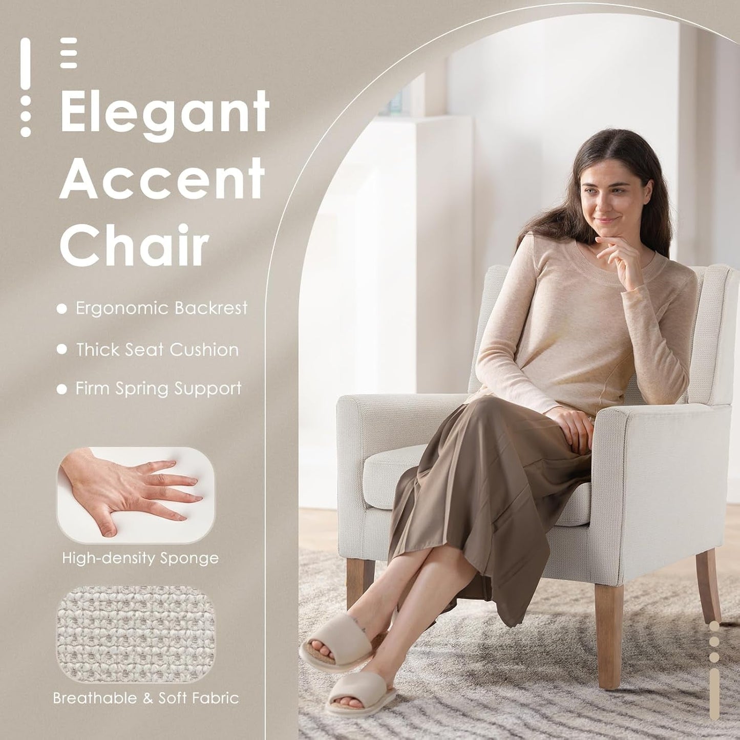 Beige Modern Wingback Chair Set Of 2 With Wood Legs-3