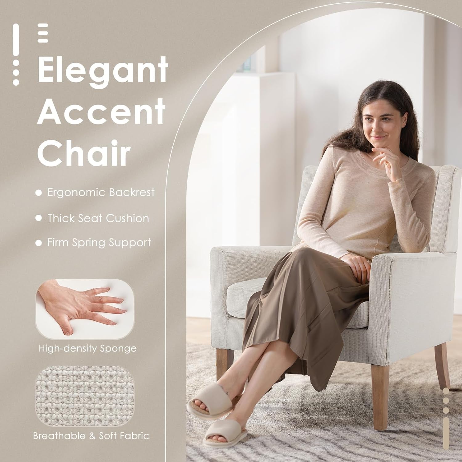 Beige Modern Wingback Chair Set Of 2 With Wood Legs-3