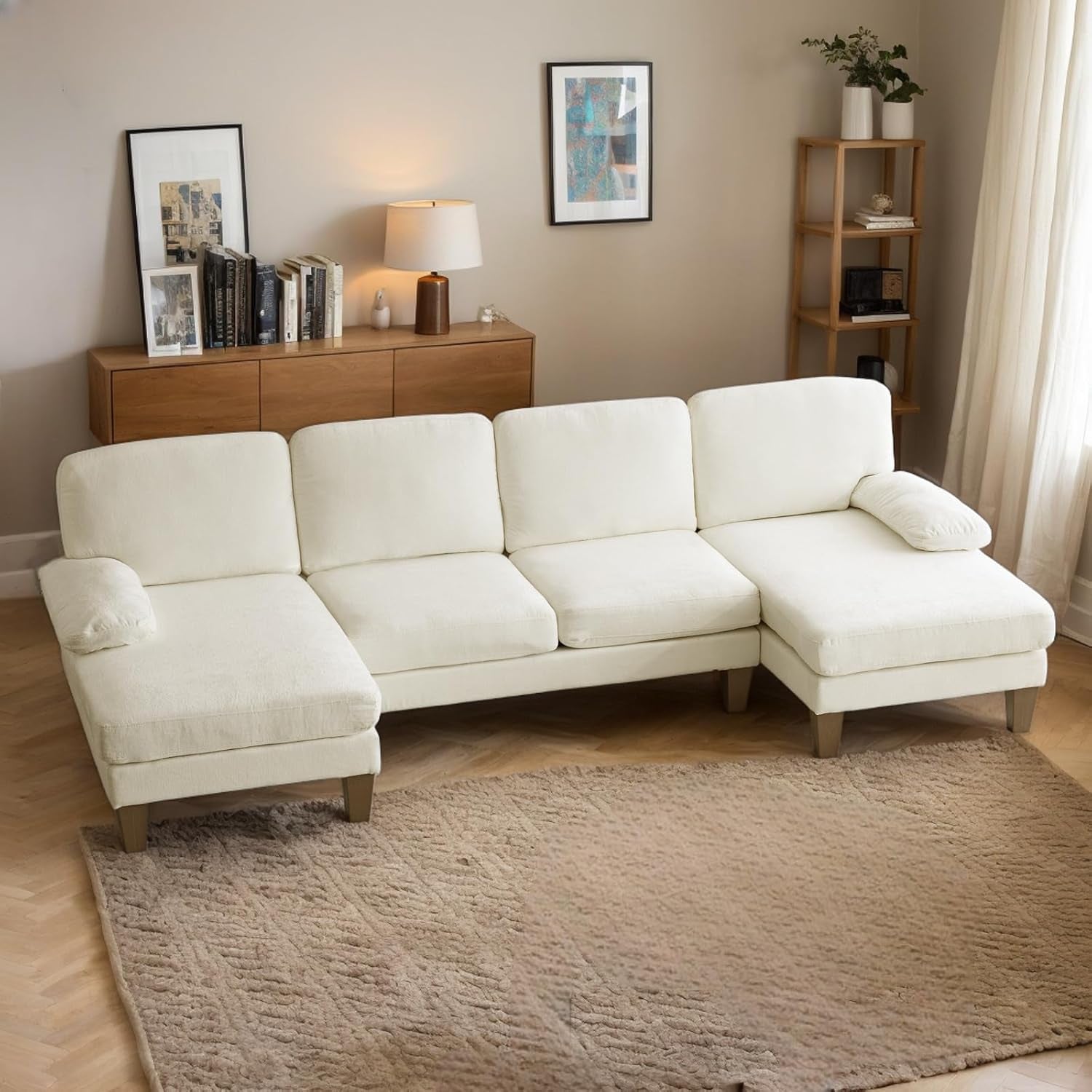 U-Shape Sectional Sofa Couch 111" Modern 4-Seat Sofa with Chaises Chenille Fabric Upholstered Covertible Couch with Wood Grain Legs for Living Room, Reception Room, Apartment, Beige-0