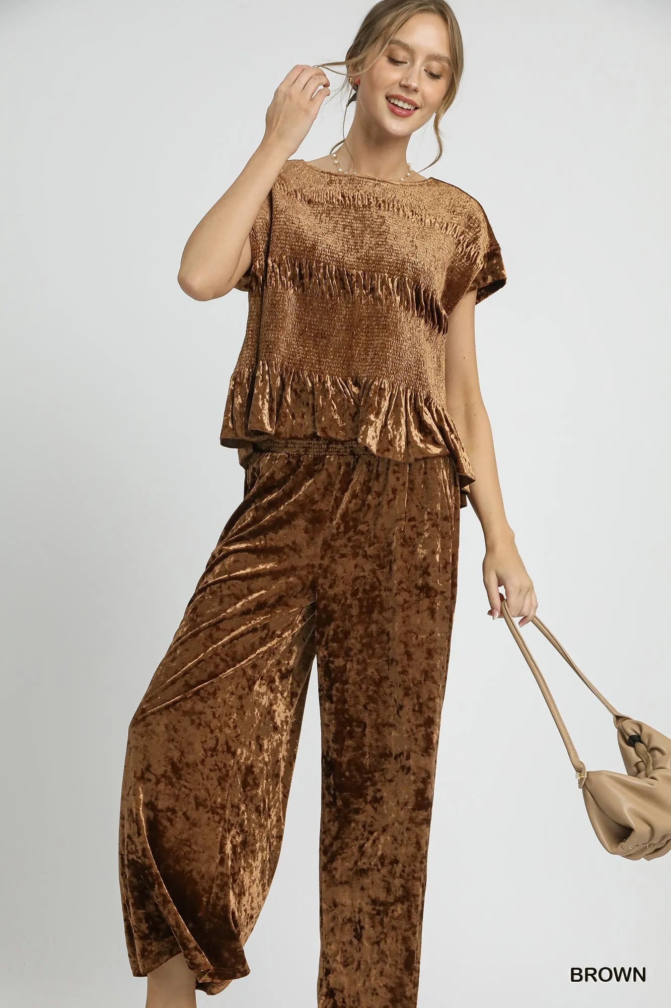 Umgee Velvet Smocked Waistband Wide Leg Pants