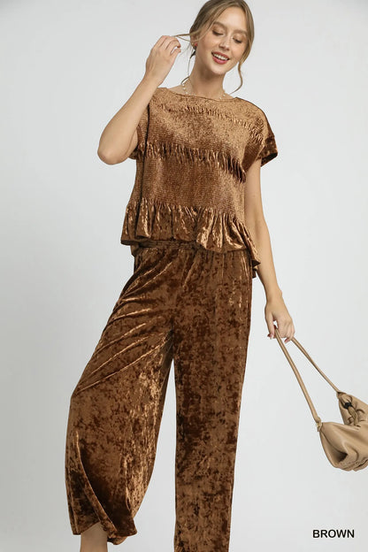 Umgee Velvet Smocked Waistband Wide Leg Pants