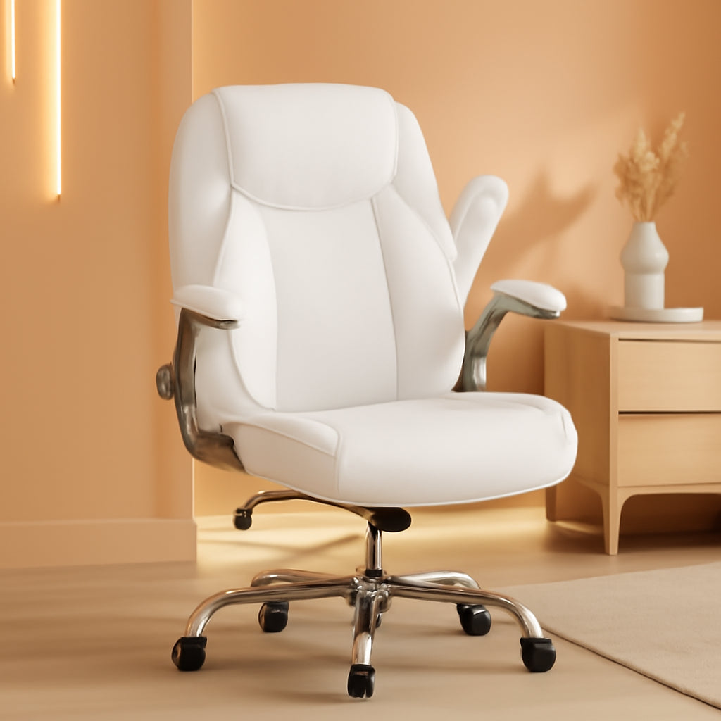 Ergonomic Office Chair PU Leather Executive Chair Padded Flip up Armrest Computer Chair Adjustable Height High Back Lumbar Support Wheels Swivel for Gaming Desk Chair (White)-0