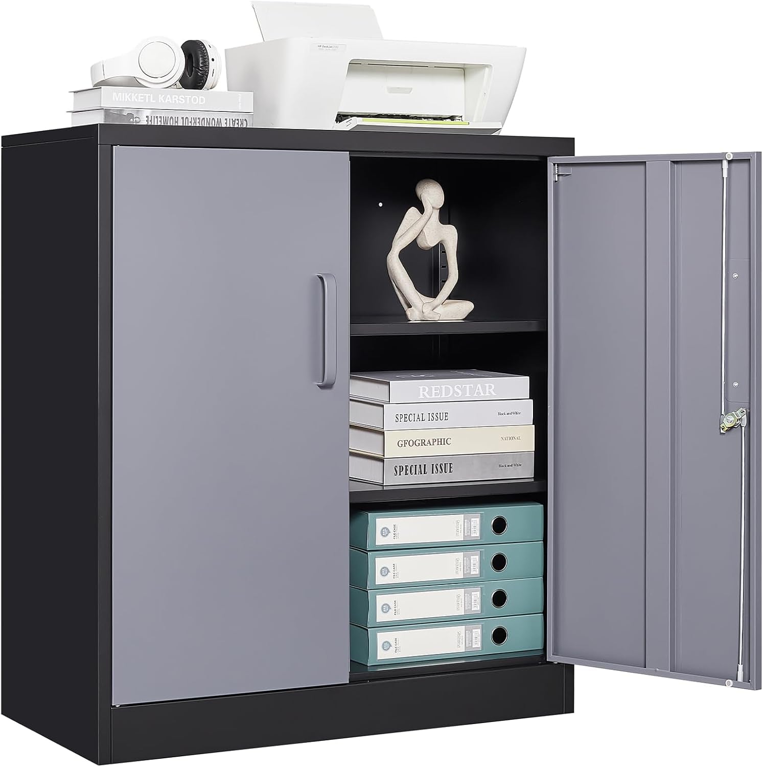 Metal Storage Cabinet, Storage Cabinet with 2 Adjustable Shelves, Steel Counter Cabinet with Lockable Doors for Home Office-0