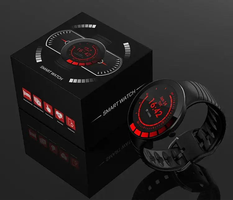 Black E3 BT Bracelet Health Monitoring Waterproof Smartwatch with red digital display and box