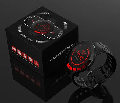 Black E3 BT Bracelet Health Monitoring Waterproof Smartwatch with red digital display and box