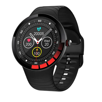 Black E3 BT Bracelet Health Monitoring Waterproof Smartwatch with round face and red accent