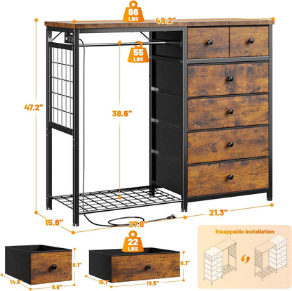 49.2" W Dresser for Bedroom with Hanging Rack 6 Drawer Dresser with LED Lights & Charging Station, Fabric Dressers & Chest of Drawer with Clothes Rack,Wooden Top,Grid Panel,Closet,Rustic Brown-1