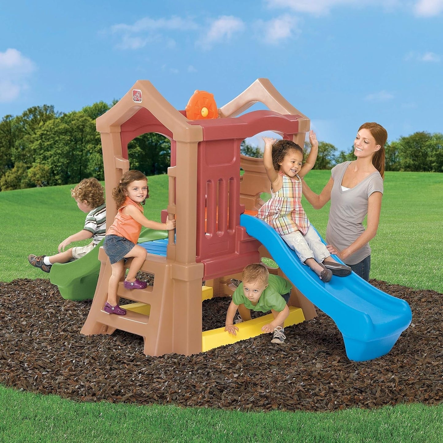 Play up Double Slide Climber, Kids Outdoor Playset, Backyard Playground Set, 2 Slides, Elevated Playhouse, outside Jungle Gym, for Toddlers 2-6 Years Old-0