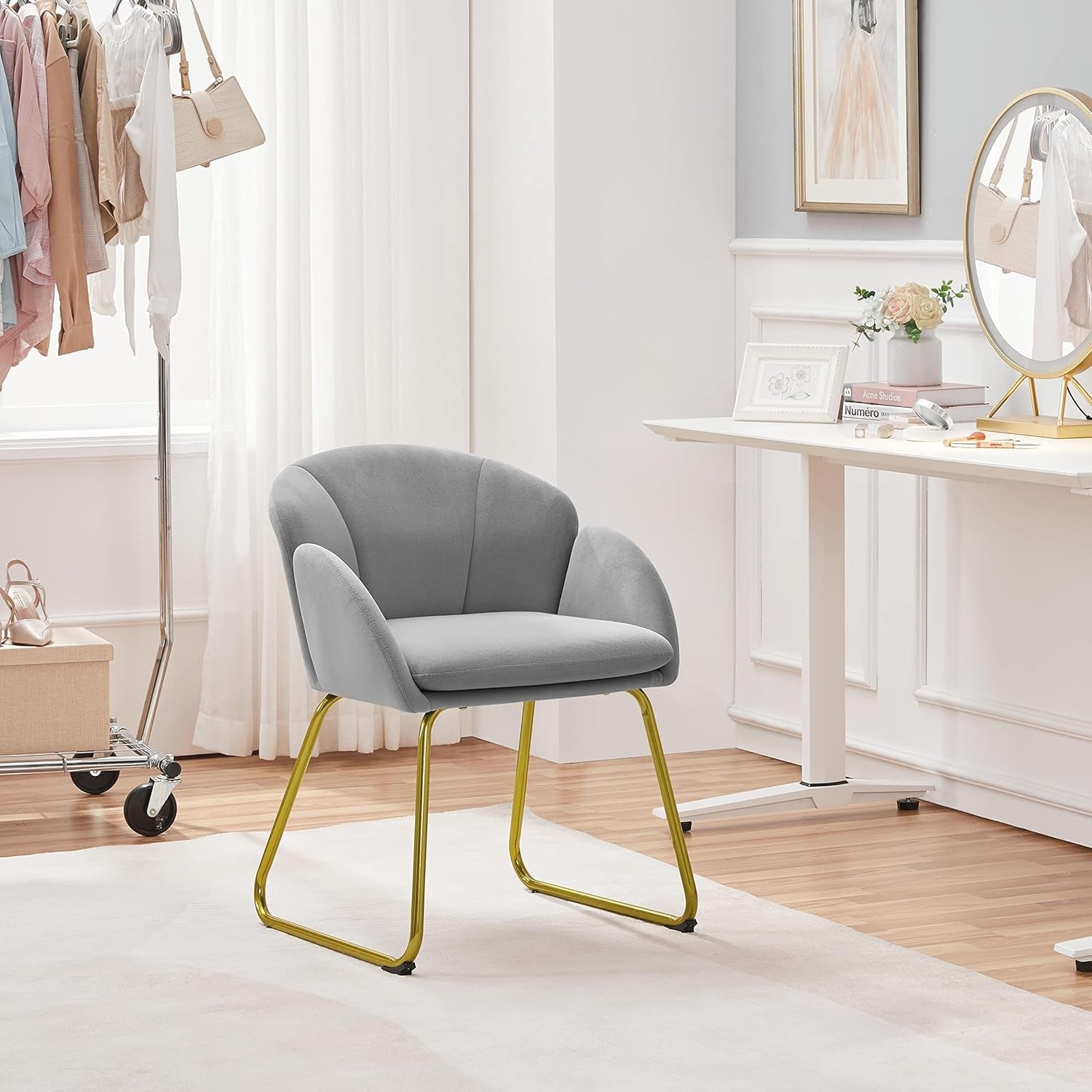 Flower Shape Velvet Vanity Chair, Modern Side Chair Armchair with Golden Metal Legs for Living Room/Dressing Room/Bedroom/Home Office/Kitchen, Gray-4