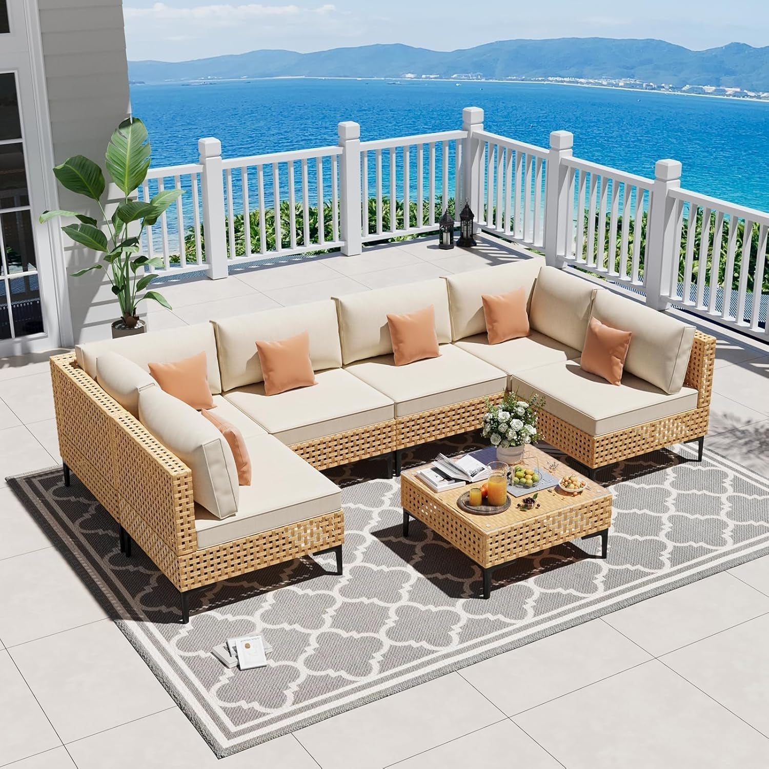 Paito Furniture Set, 110" Large 7-Piece Wicker Outdoor Paito Furniture Sets with Coffee Table,Boho Patio Conversation Set Sectional Sofa with All-Weather Cushions for Backyard,Porch,Beige-0