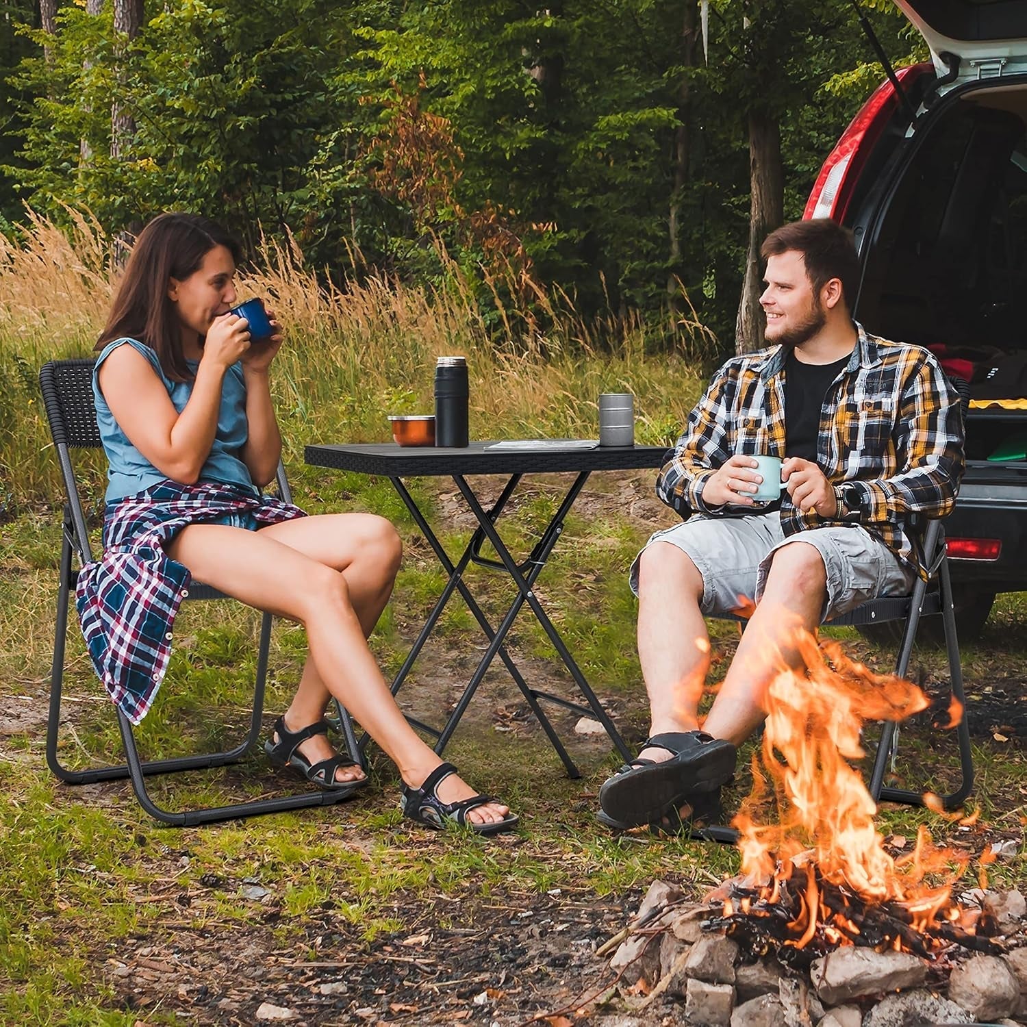 3 Pieces Folding Patio Bistro Set Bistro Table and Chairs Set for Outside, All Weather Small Patio Set for Balcony Porch Backyard, Black-2
