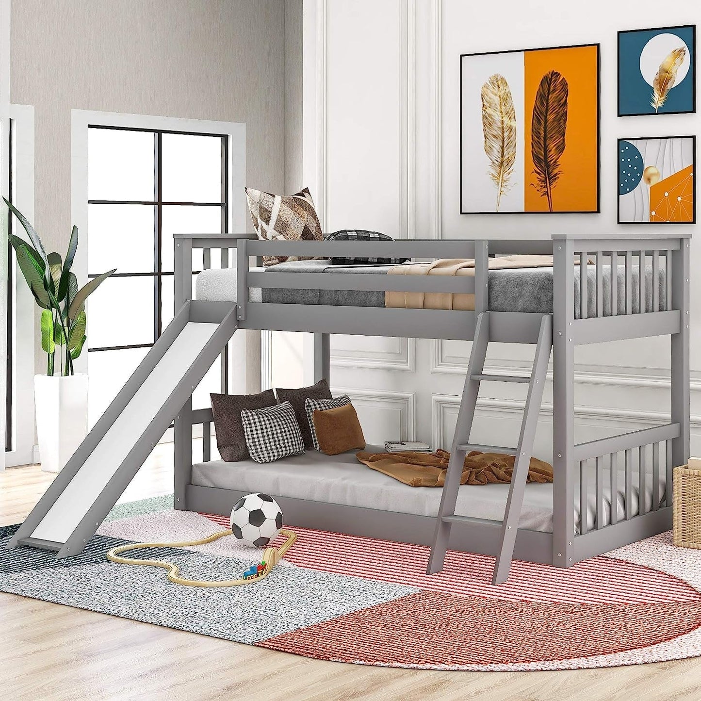 Grey Low Twin Bunk Bed with Slide and Ladder-1