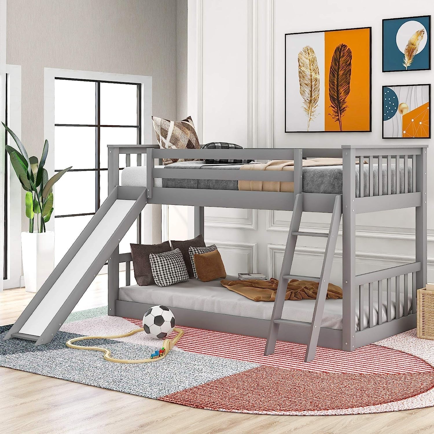 Grey Low Twin Bunk Bed with Slide and Ladder-1