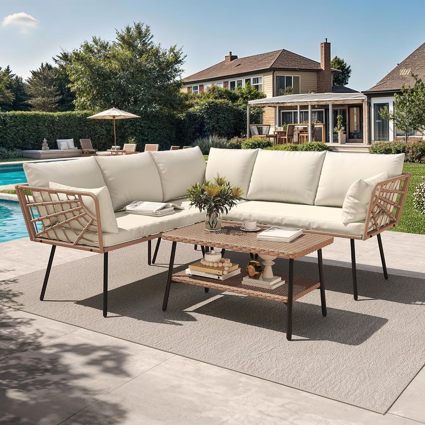 L Shape Outdoor Couch Set with Thick Cushions-1