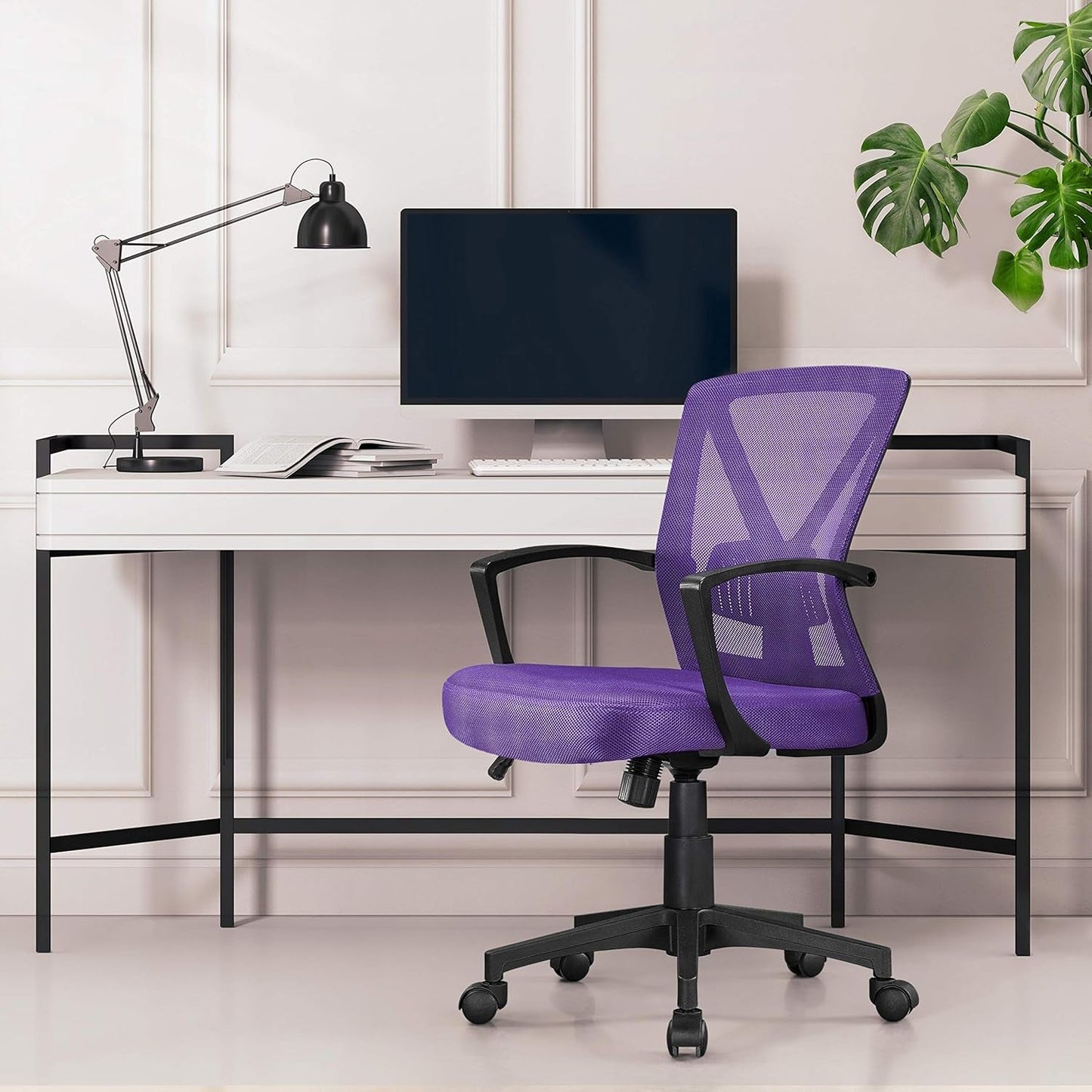 Mesh Office Desk Chairs Ergonomic Task Chairs with Adjustable Lumbar Support Mid Back Swivel Chair Purple-1