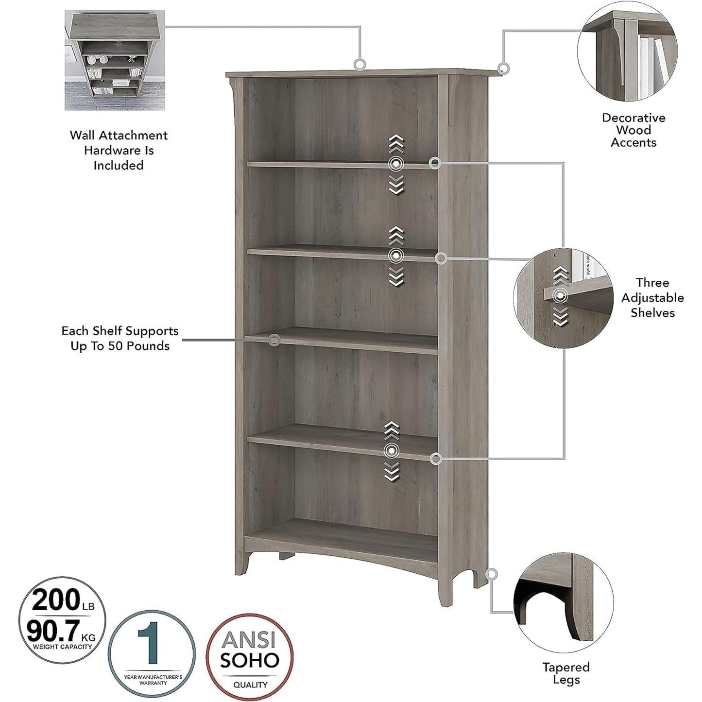 Salinas 5-Shelf 63-Inch H Bookcase, Driftwood Gray-3