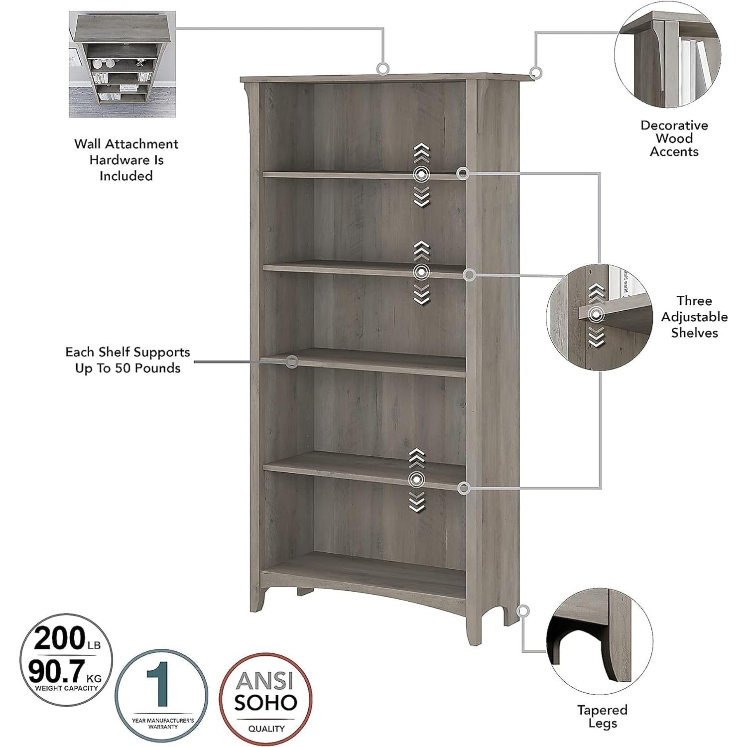 Salinas 5-Shelf 63-Inch H Bookcase, Driftwood Gray-3