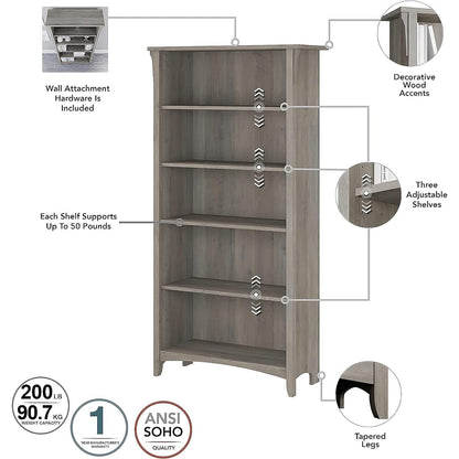 Salinas 5-Shelf 63-Inch H Bookcase, Driftwood Gray-3