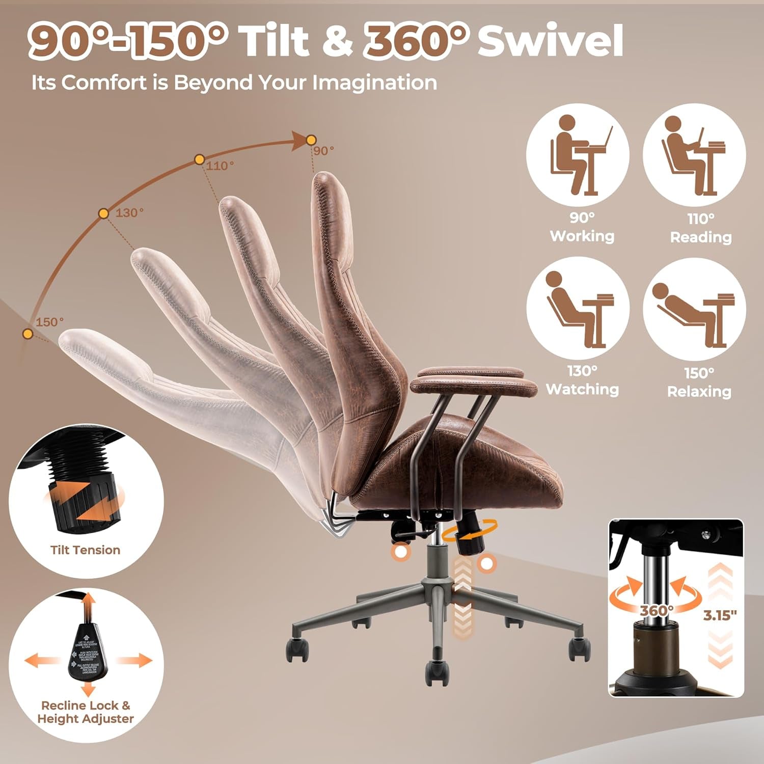 Ergonomic Office Chair,Modern Computer Desk Chair,High Back Suede Fabric Desk Chair with Lumbar Support for Executive or Home Office (Dark Coffee)-2