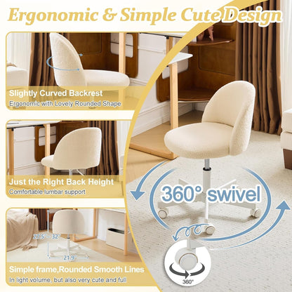 Candy Chair Armless Cute Desk Chair,Comfy Small Office Chair with Wheels,Vanity Chair Lumbar Support,Teddy Adjustable Rolling Swivel Computer Task Chair for Home Office,Bedroom,Creamy Beige-3