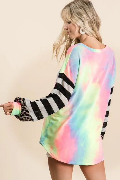 BiBi Tie Dye V Neck Top with Stripe Puff Sleeves