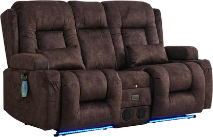 Power Loveseat Recliner Sofa with Massage & Heat Home Theater Seating with Console RV Recliner Loveseat Sofa with Usb/Outlet/Storage/Side Pocket/Led Light/Speaker (Velvet, Brown)-2