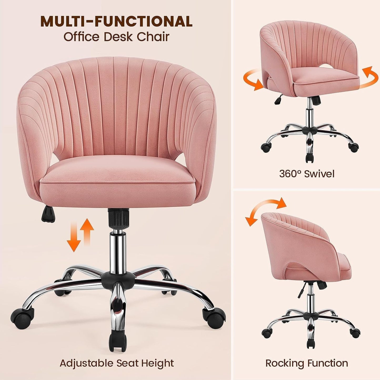 Pink Desk Chair Vanity Chair with Back Home Office Chair Cute Desk Chair Modern Swivel Rolling Chair Computer Chair for Study, Vanity, Bedroom-4