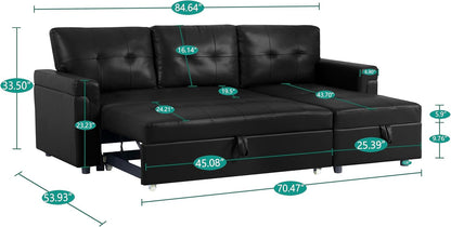 Jenny Sectional Sofa Sleeper with Storage Chaise, Tufted Pull Out Couch with Storage, Sectional Bed, L-Shaped Reversible Sleeper Sofa, Black,Air Leather-1