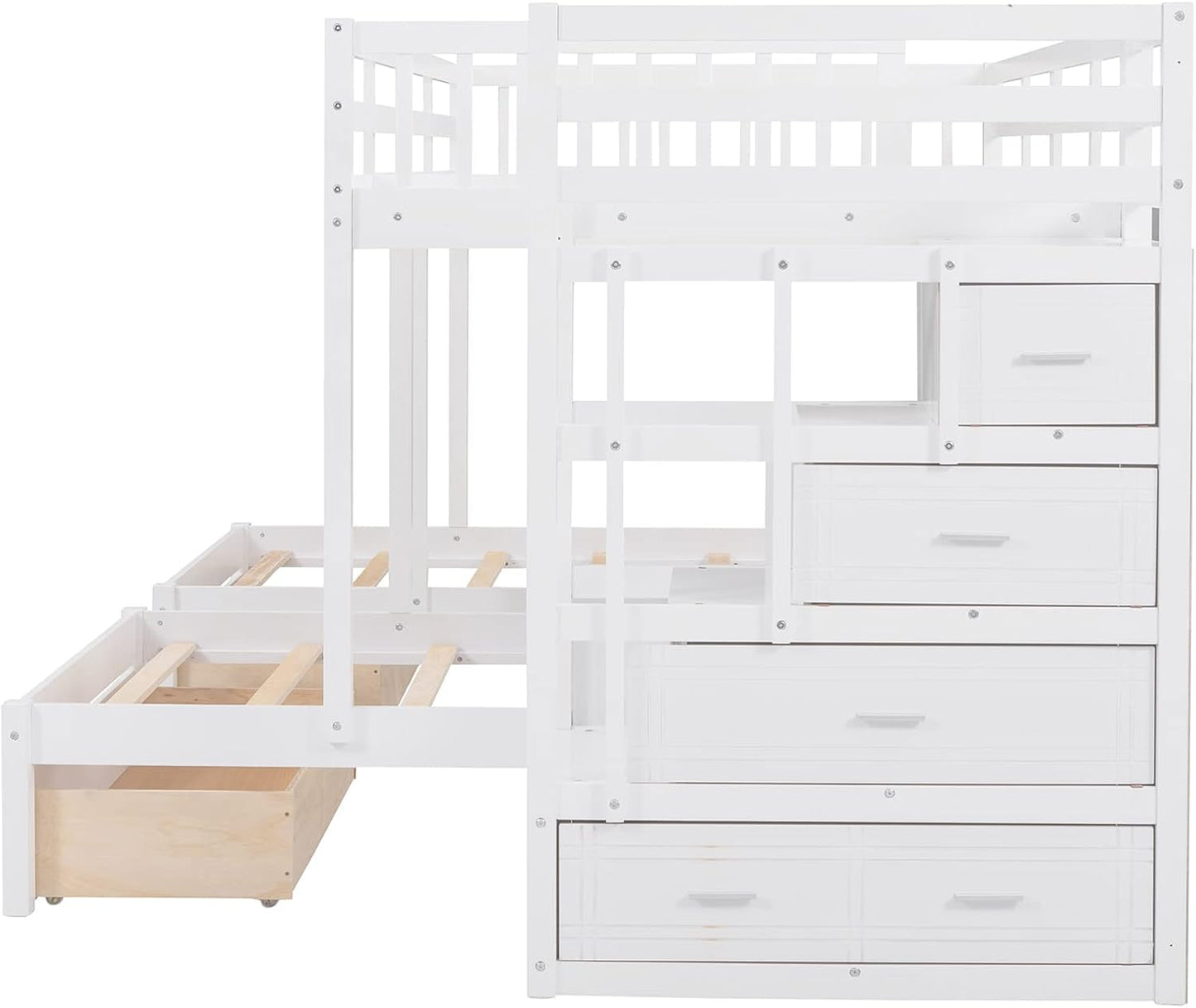 Triple Bunk Beds with Drawers, Wood Full over Twin & Twin Bunk Bed with Storage Staircase, Triple Bed for Kids,3 Bed Bunk Beds with Storage for Girls Boys,White-4