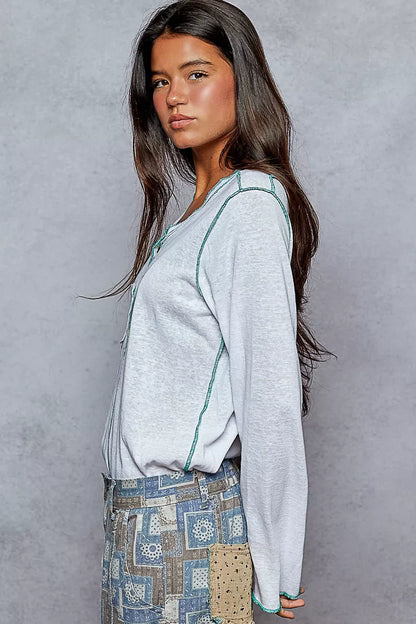 POL Round Neck Long Sleeve Top with Contrast Stitching