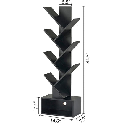 6 Tier Tree Bookshelf, Tall Bookcase with Drawer, Freestanding Book Shelf, Display Floor Standing Storage Shelf, Book Organizer Shelves for Home Office, Living Room, Bedroom, Black-2