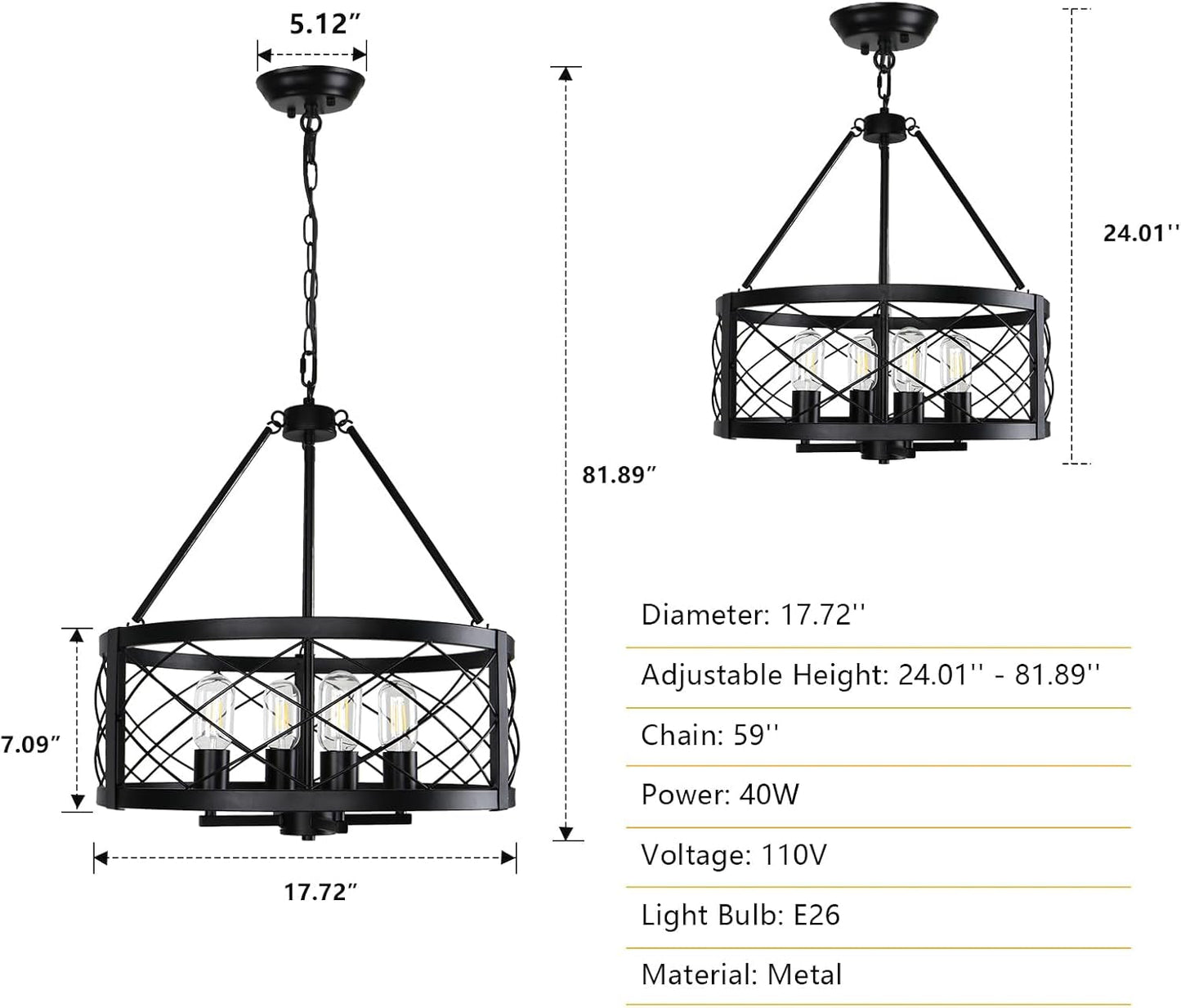 Black Industrial Chandelier 4 Light Drum Fixture Living Room-1