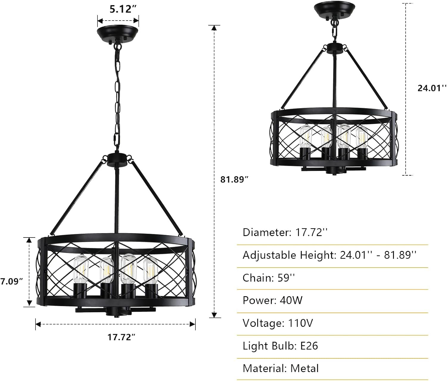 Black Industrial Chandelier 4 Light Drum Fixture Living Room-1