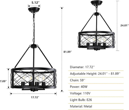 Black Industrial Chandelier 4 Light Drum Fixture Living Room-1