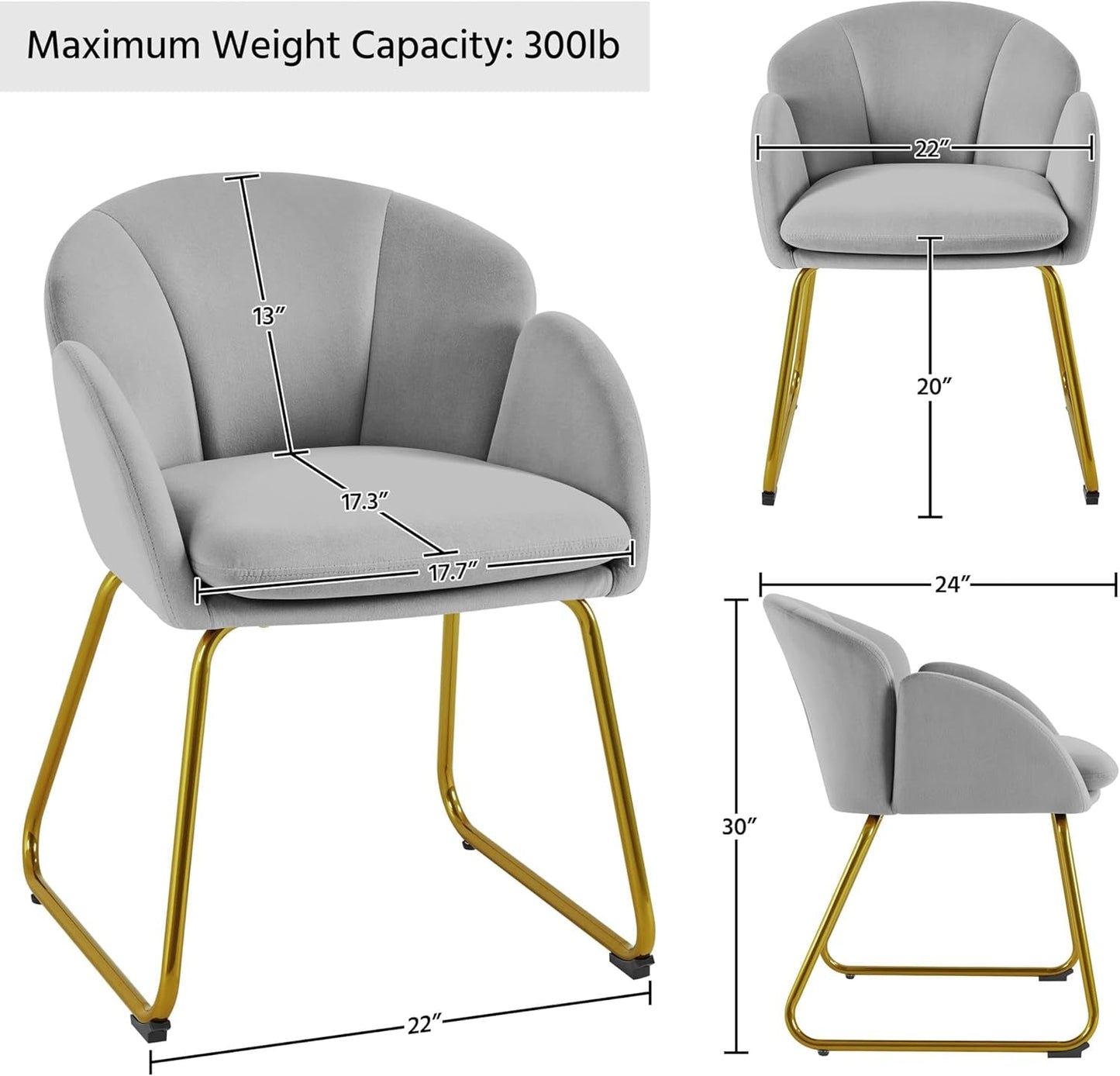 Flower Shape Velvet Vanity Chair, Modern Side Chair Armchair with Golden Metal Legs for Living Room/Dressing Room/Bedroom/Home Office/Kitchen, Gray-2