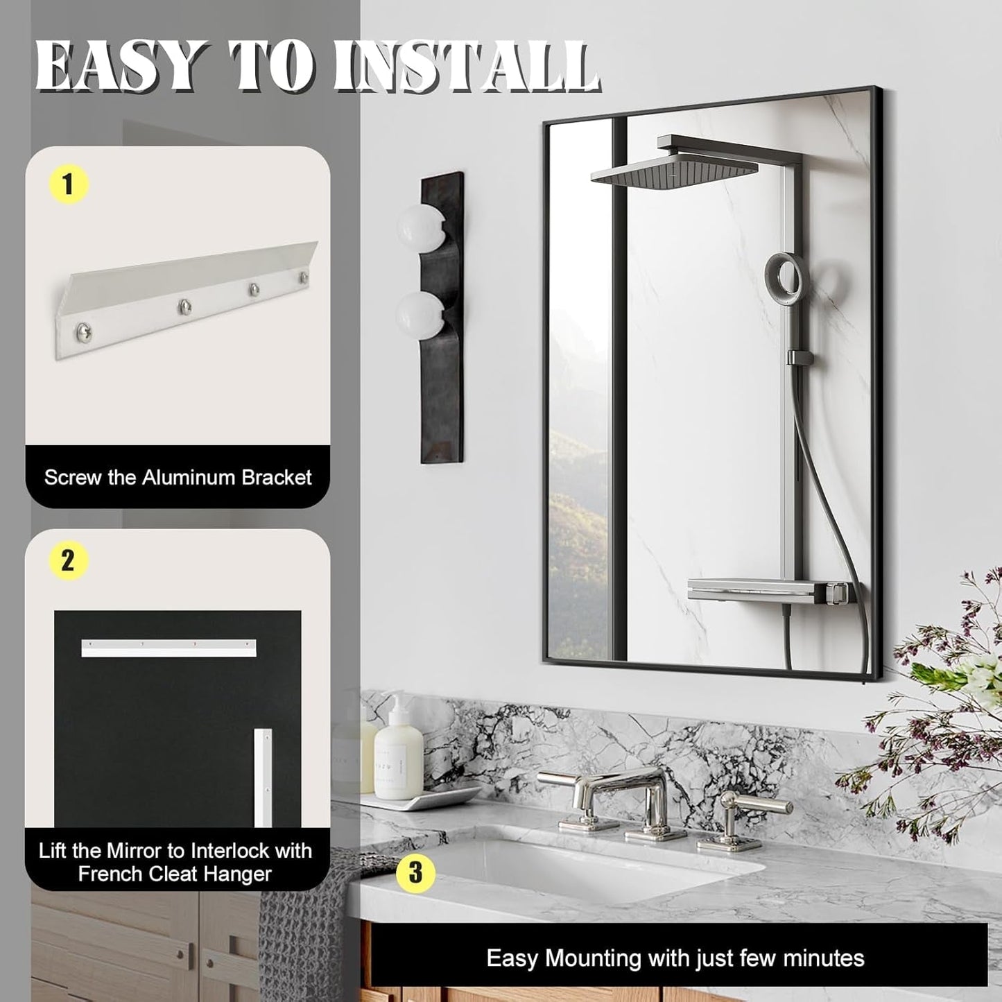 Wall Mirror for Bathroom, 24X36 Inch Black Vanity Mirror, Stainless Steel Metal Frame Rectangular Wall Mirror for over Sink (Horizontal/Vertical)-2