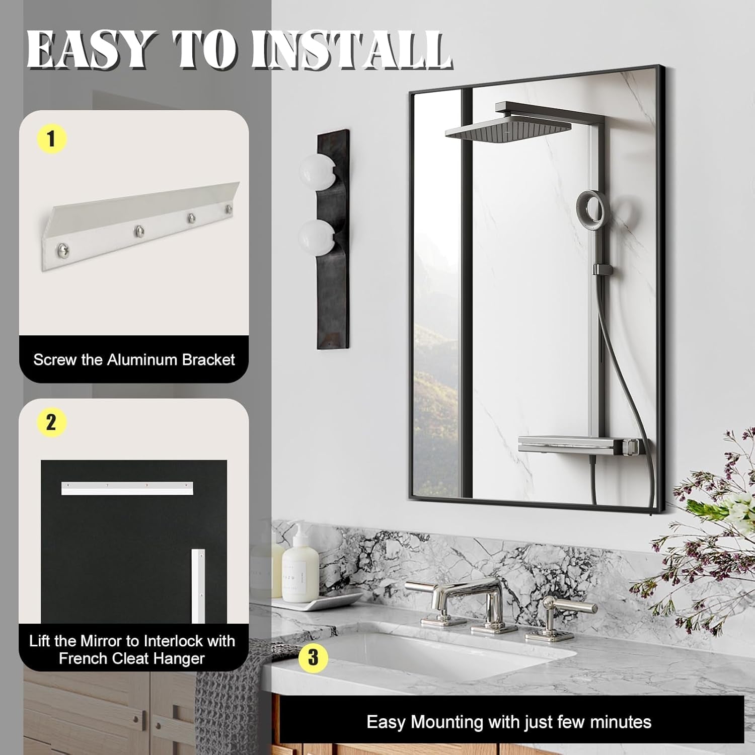 Wall Mirror for Bathroom, 24X36 Inch Black Vanity Mirror, Stainless Steel Metal Frame Rectangular Wall Mirror for over Sink (Horizontal/Vertical)-2