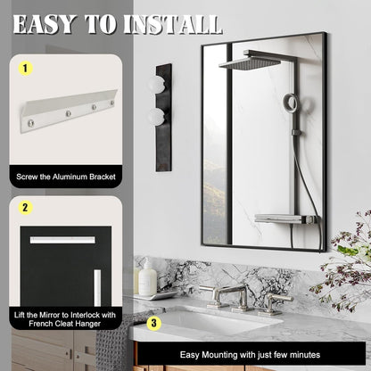 Wall Mirror for Bathroom, 24X36 Inch Black Vanity Mirror, Stainless Steel Metal Frame Rectangular Wall Mirror for over Sink (Horizontal/Vertical)-2